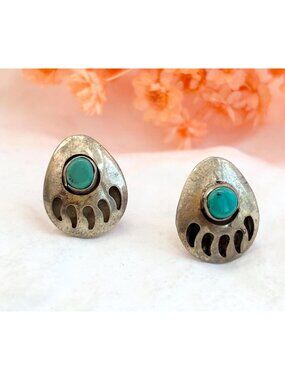 Shadowbox Bear Paw Turquoise Teardrop Sterling Silver Vintage 925 Earrings